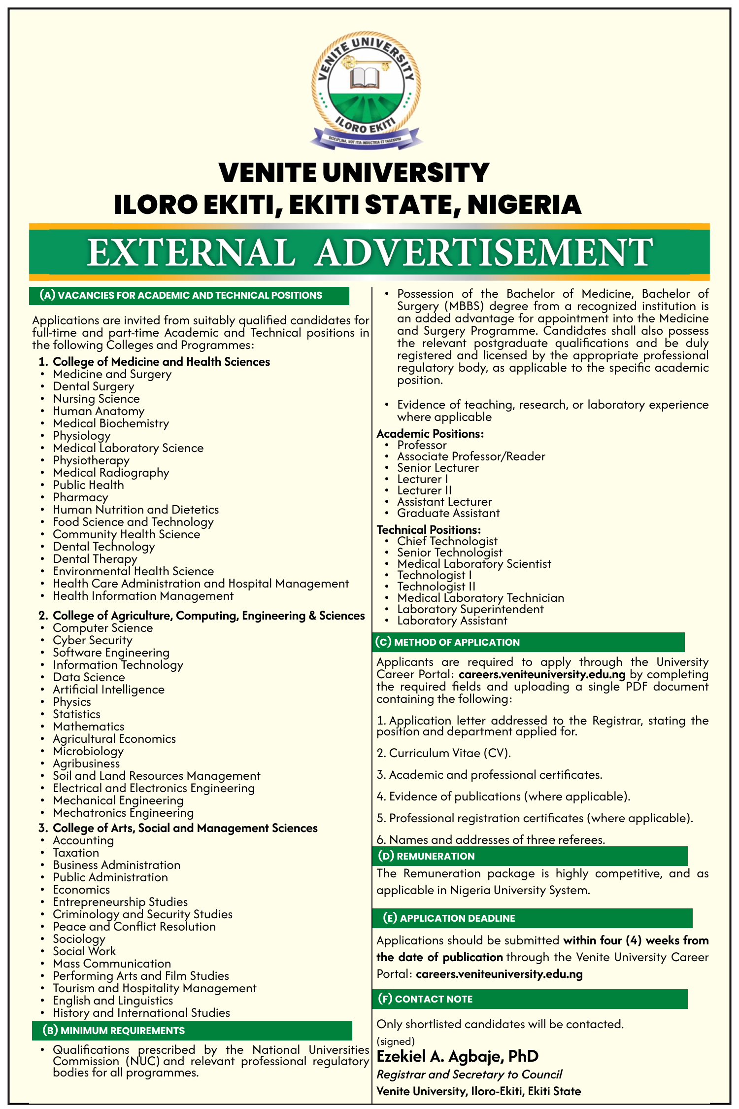 Venite University Begins Massive Recruitment Across Seven Academic Colleges